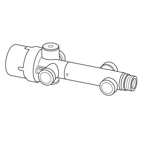Schwarzer Uponor Kombi-Port mit zwei Anschlüssen. Das Produkt zeigt eine zentrale Verbindung mit zwei seitlichen Auslässen. Technische Konstruktion ohne spezifische Maße.